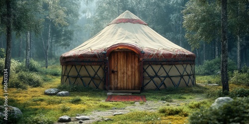 A beautifully crafted traditional yurt set in a serene forest landscape, surrounded by lush greenery and vibrant foliage, creating a peaceful and harmonious natural environment