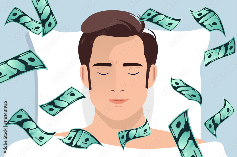 Passive income and make money while you sleep concept illustration with man person relaxing in bed while dollar bills is raining down. Salary, investment and easy money concept in flat design vector Passive income and make money while you sleep concept illustration with man person relaxing in bed while dollar bills is raining down. Salary, investment and easy money concept in flat design vector
