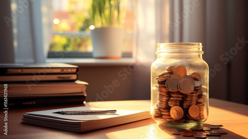 jar of coins near a notebook