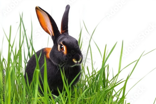 A striking black rabbit with orange highlights sits in lush green grass, exuding a playful yet curious energy. photo