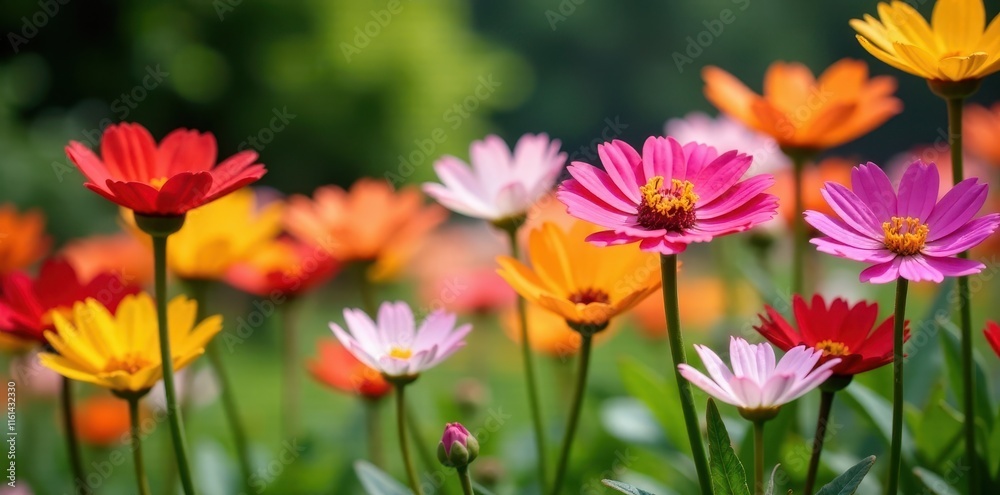 Brightly colored flowers blooming in a garden, botanicals, nature Brightly colored flowers blooming in a garden, botanicals, nature