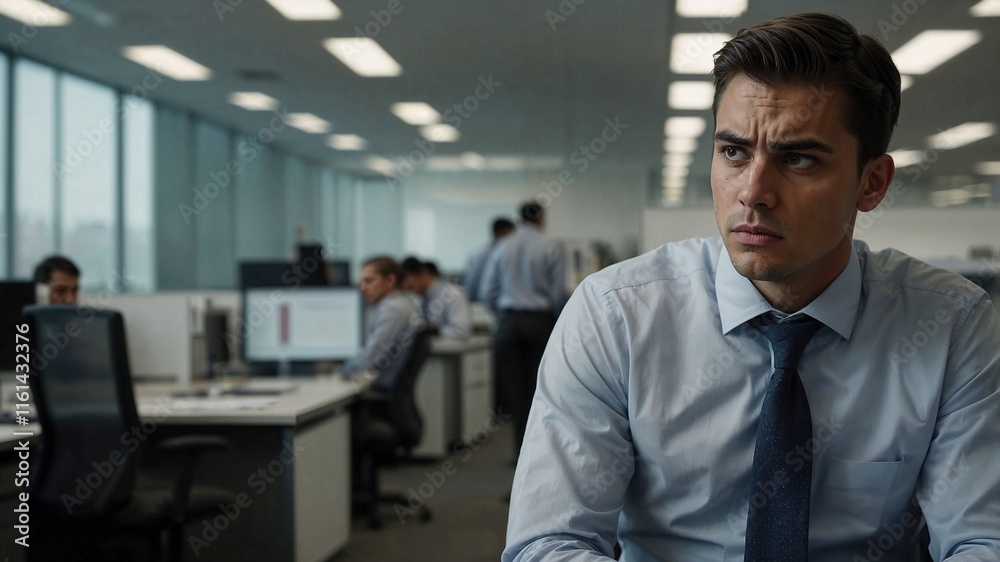 Pensive businessman working in modern office with colleagues in background Pensive businessman working in modern office with colleagues in background