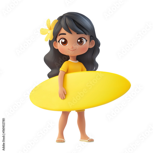 3D render of a cartoon dark-haired girl holding a yellow surfboard, isolated on a transparent background. Perfect for themes of summer, beach, surfing, and fun.