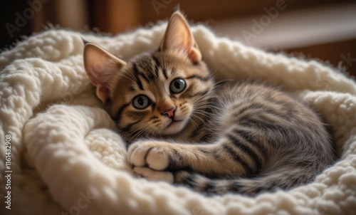 Adorable tabby kitten on soft blanket