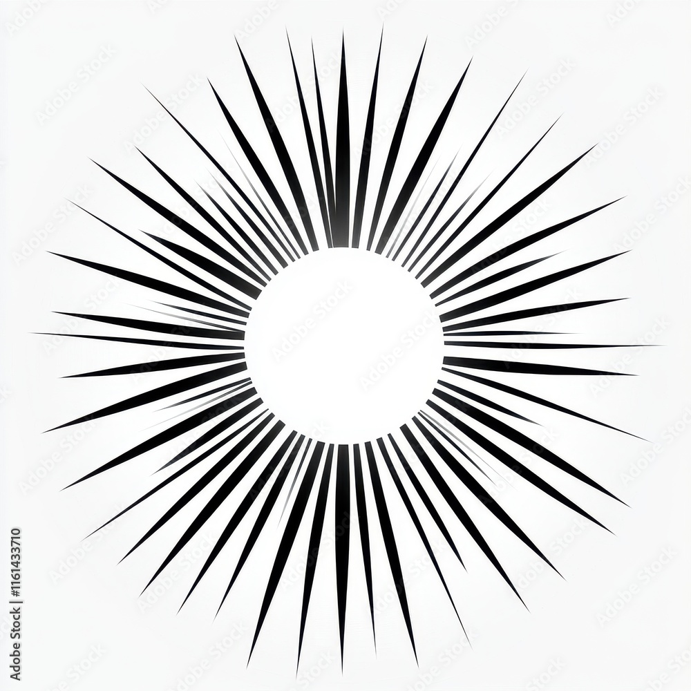 A striking black and white sunburst design with sharp rays radiating from a central circle, creating a bold visual effect. A striking black and white sunburst design with sharp rays radiating from a central circle, creating a bold visual effect.