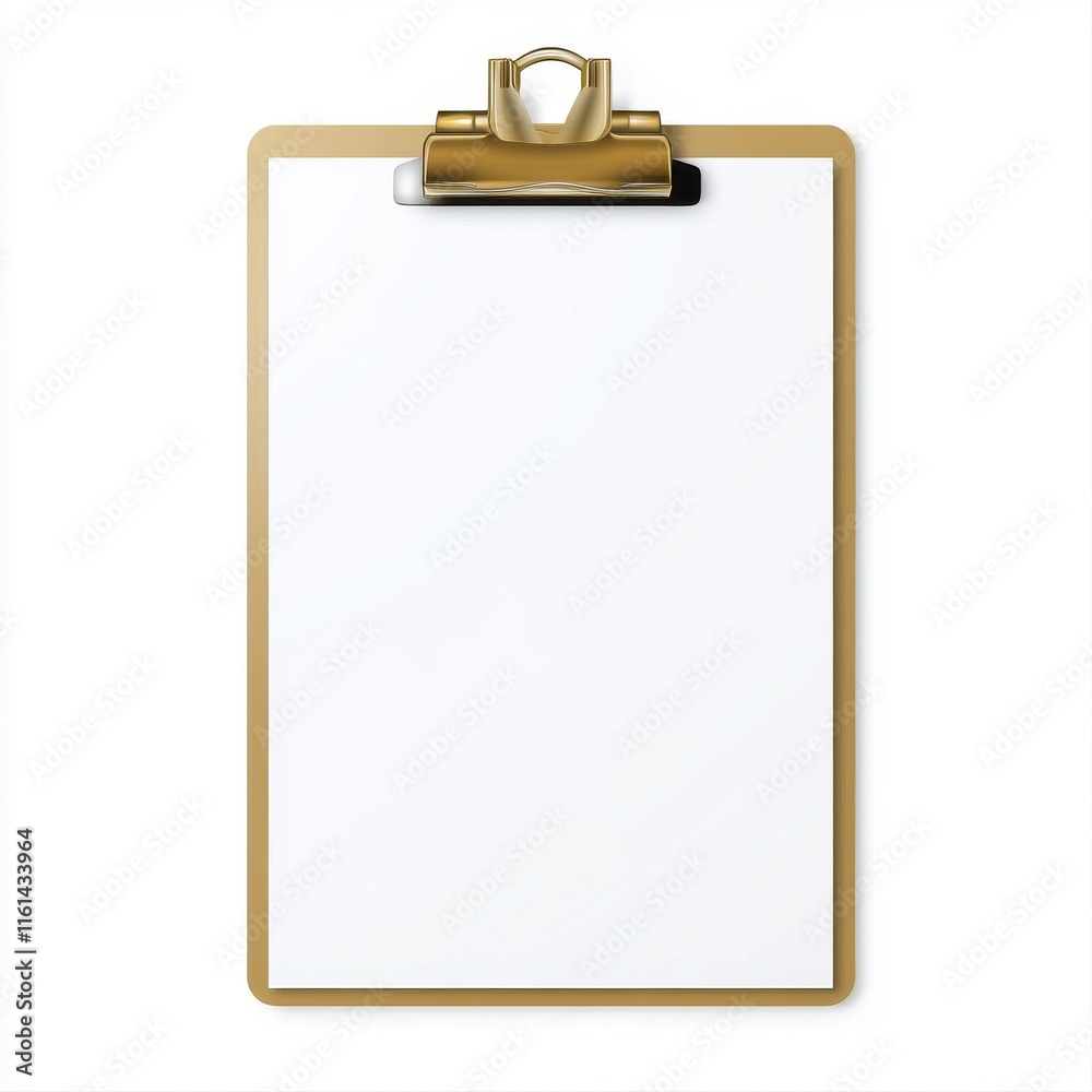 Empty clipboard with a golden clip against a clean white background, ideal for notes and planning. Empty clipboard with a golden clip against a clean white background, ideal for notes and planning.