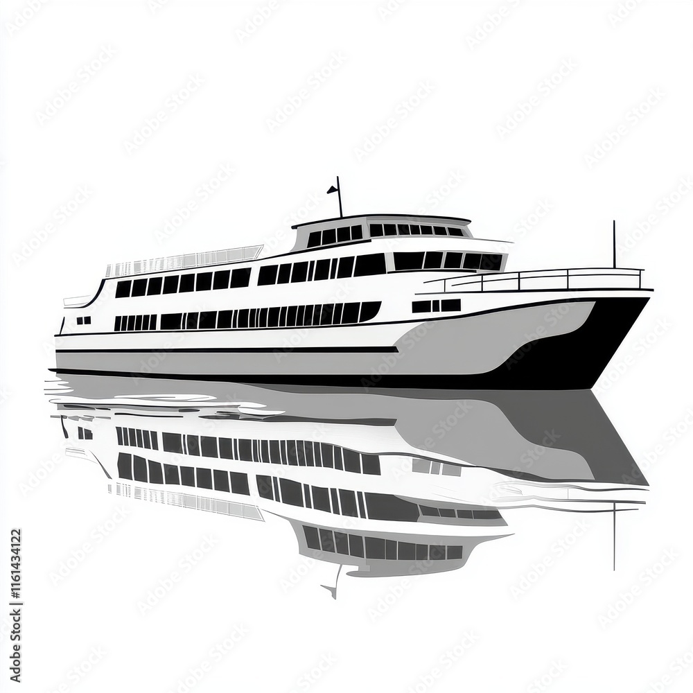 Fototapeta premium Stylized black and white illustration of a large ferry boat with a smooth water reflection.