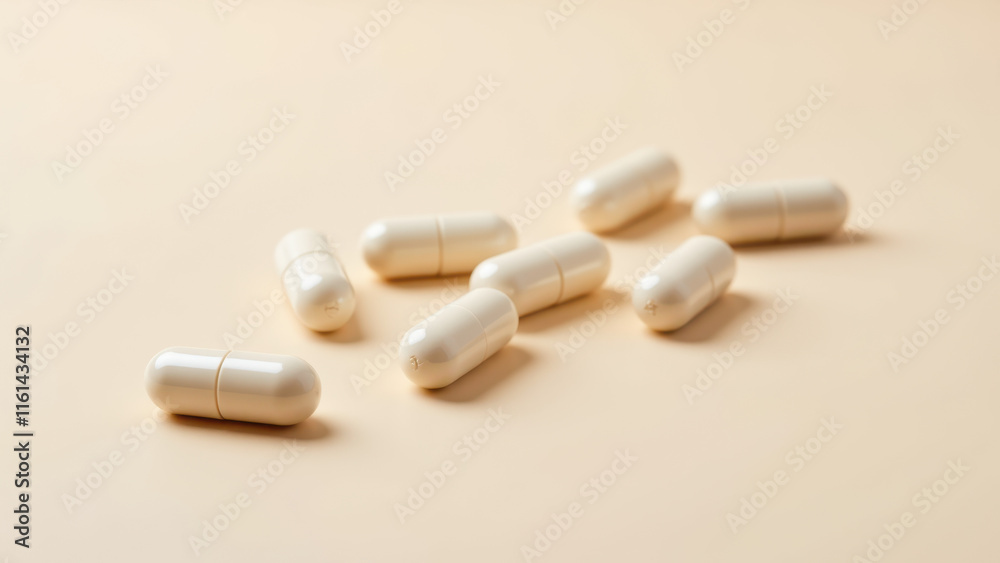 Batch of white coated magnesium glycinate capsules on a light background. Batch of white coated magnesium glycinate capsules on a light background.