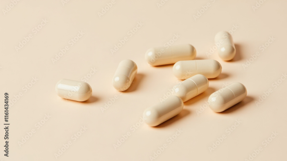 Magnesium Glycinate capsules on a light surface. Magnesium Glycinate capsules on a light surface.