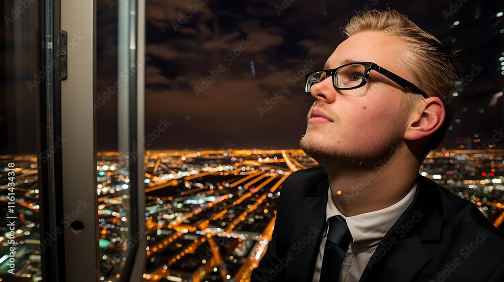 Fototapeta premium Young executive gazes out from his office highrise at the city overview The nighttime office scene reveals a sparkling cityscape panorama and an impressive business environment