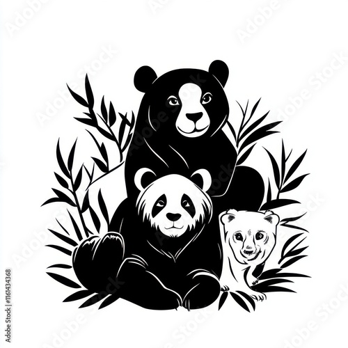 Three adorable animals in a playful arrangement: a black bear, a panda, and a young seal, surrounded by lush greenery. photo