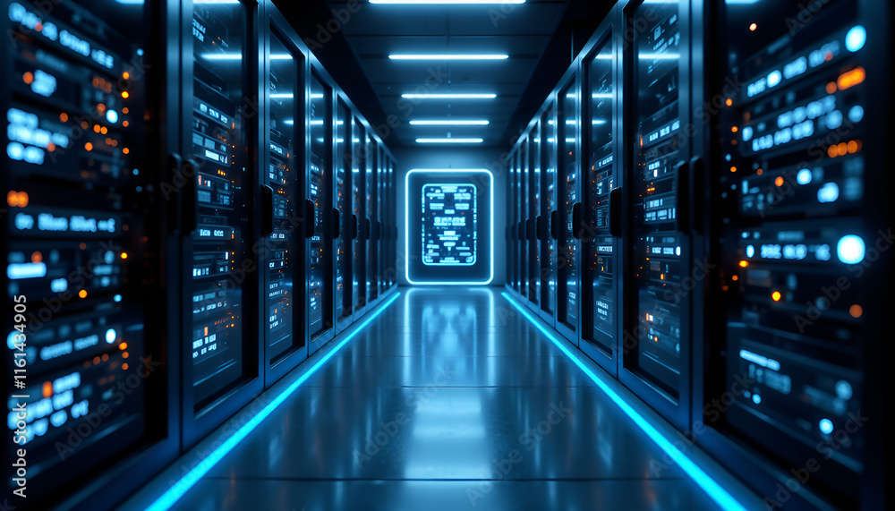 Fototapeta premium Futuristic Server Room, Glowing Data Center Lights