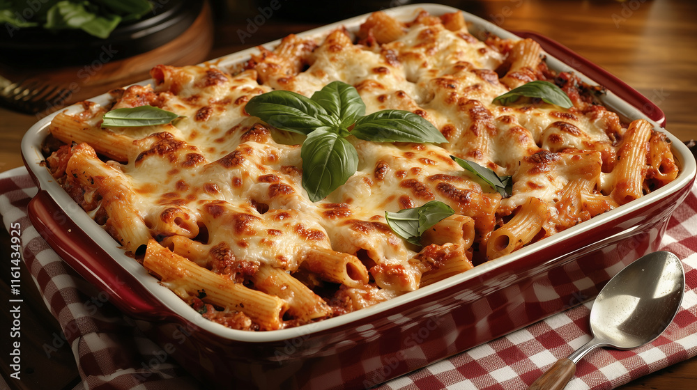 A casserole dish filled with baked ziti pasta topped with cheese A casserole dish filled with baked ziti pasta topped with cheese