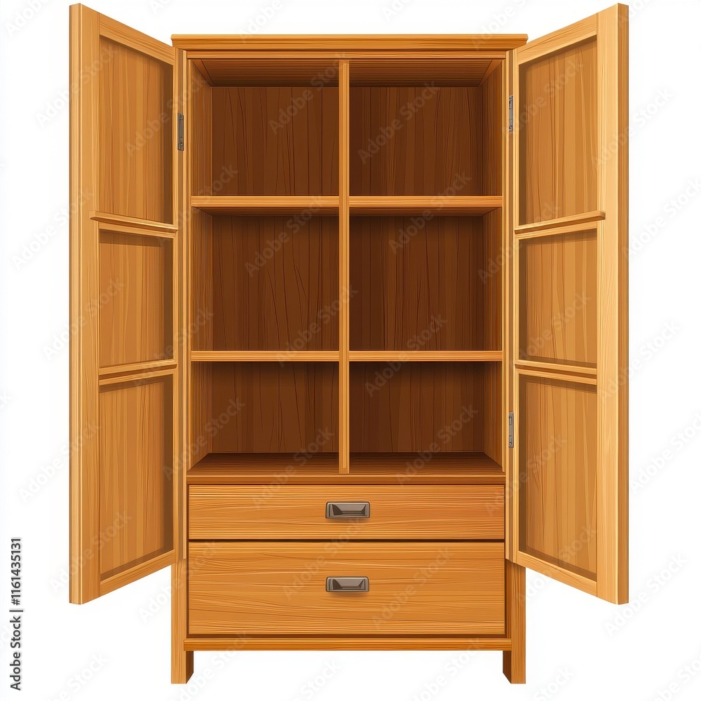 A stylish wooden cabinet with open doors, showcasing spacious shelves and two bottom drawers. A stylish wooden cabinet with open doors, showcasing spacious shelves and two bottom drawers.