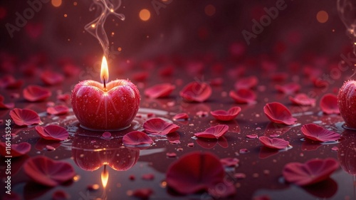 Heart-shaped candle with rose petals and smoke in romantic water setting photo