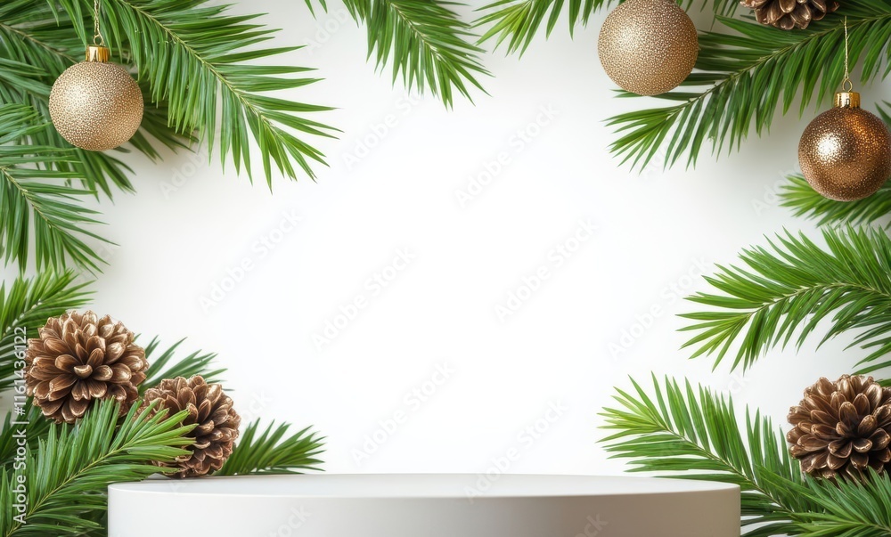 Festive holiday scene with greenery and ornaments Festive holiday scene with greenery and ornaments
