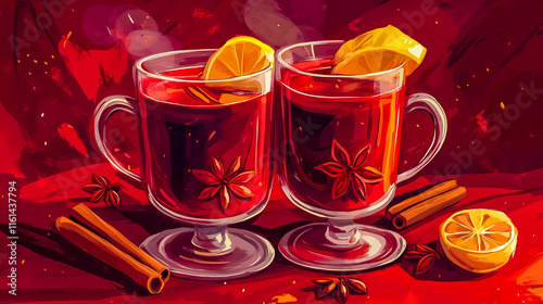 Warm Mulled Wine with Spices on a Deep Red Background