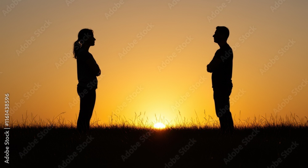 Silhouetted figures of a love couple standing in a field during sunrise or sunset warm golden hue of the sky the man going to propose the woman for valentine's day love Silhouetted figures of a love couple standing in a field during sunrise or sunset warm golden hue of the sky the man going to propose the woman for valentine's day love