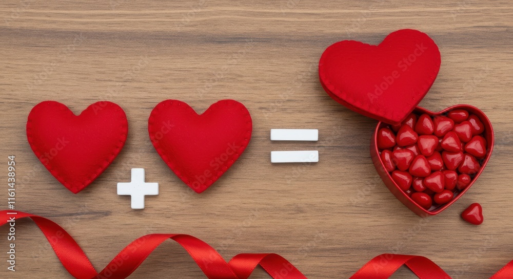 A charming scene of three red hearts each with a unique design arranged on a wooden surface with heart-shaped glossy candies and red roses valentines day A charming scene of three red hearts each with a unique design arranged on a wooden surface with heart-shaped glossy candies and red roses valentines day