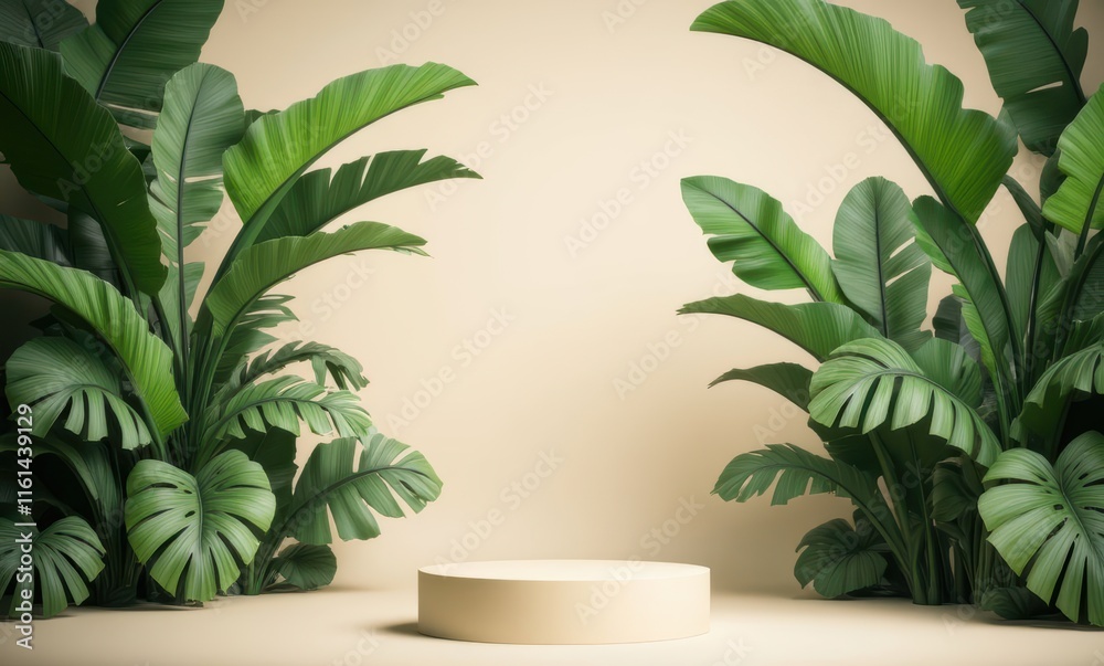 Lush greenery surrounds a simple podium. Lush greenery surrounds a simple podium.