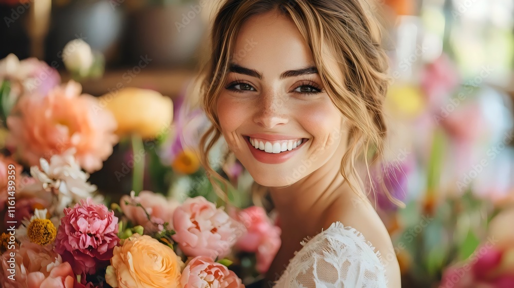 A woman is smiling and holding a bouquet of flowers A woman is smiling and holding a bouquet of flowers