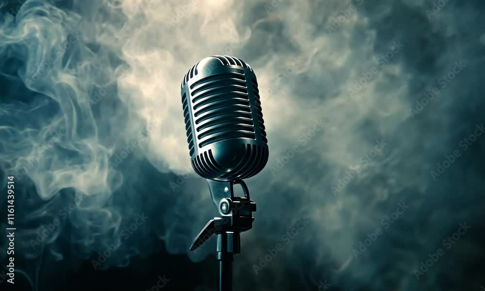 Vintage microphone on stand enveloped in smoky, dark atmosphere.