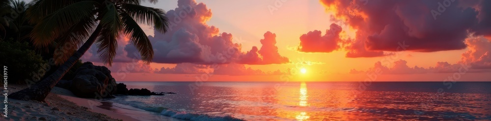 Sunset over calm Caribbean Sea, silhouetted coconut palms , photography, sunset Sunset over calm Caribbean Sea, silhouetted coconut palms , photography, sunset