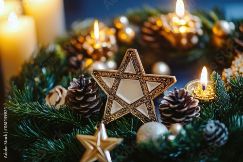 Hanukkah wreath adorned with traditional Jewish symbols, combining faith and festivity.