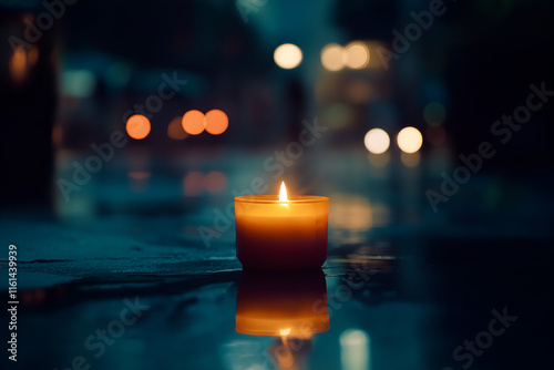 A single lit candle in a dark setting, symbolizing reflection, memory and hope