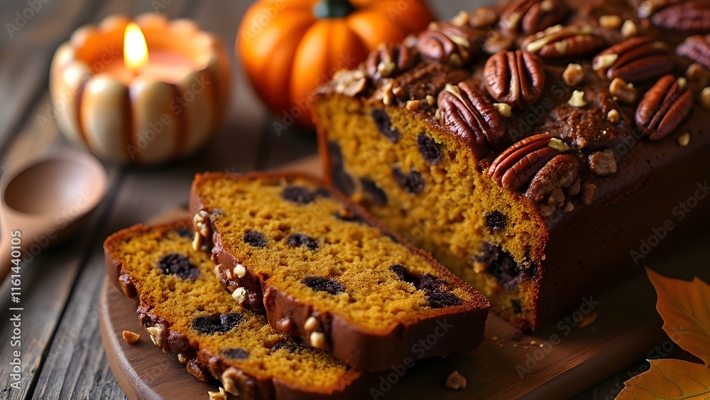 Delicious Homemade Pecan Chocolate Pumpkin Bread, Autumn Loaf Slices on Rustic Wooden Table with Candlelight and Fall Leaves