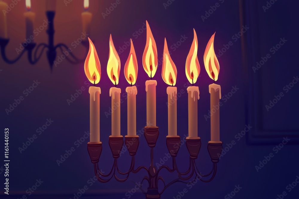 Illustration of a menorah with eight burning candles for the Hanukkah festival of lights. Illustration of a menorah with eight burning candles for the Hanukkah festival of lights.