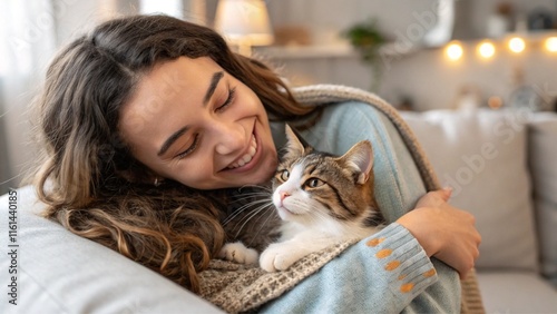 Happy Smiling Young Woman Cuddling with Cat Pet Domestic Animal photo