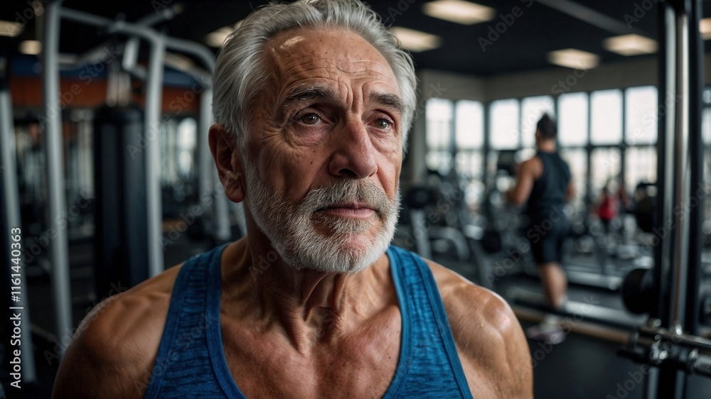 Determined senior man working out in gym maintaining healthy lifestyle Determined senior man working out in gym maintaining healthy lifestyle