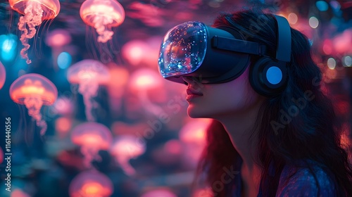 Young woman wearing a VR headset explores a glowing jellyfish-filled digital ocean amidst a surreal underwater cityscape, evoking wonder and innovation—ideal for VR tech or virtual reality campaigns.