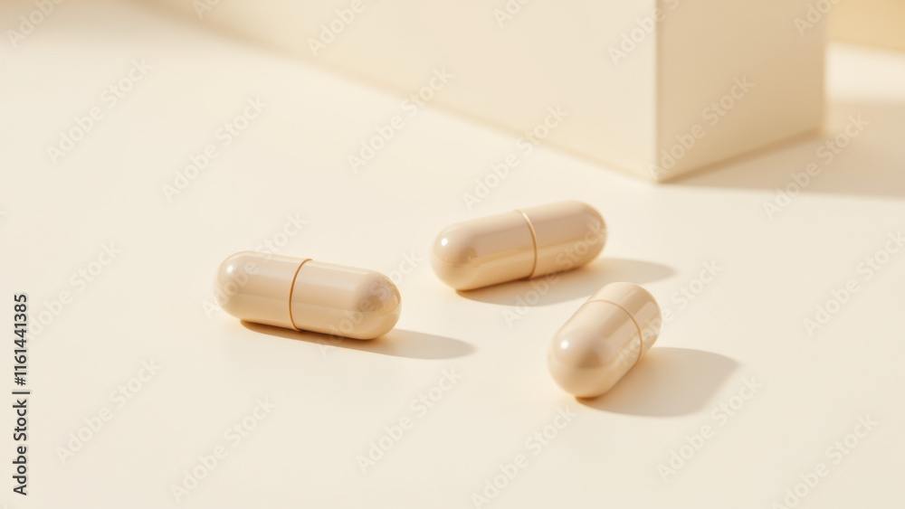 A row of three white magnesium glycinate capsules with yellow caps on a cream background. A row of three white magnesium glycinate capsules with yellow caps on a cream background.