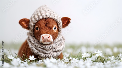 Adorable calf wearing knitted hat and scarf sitting in meadow with white flowers photo