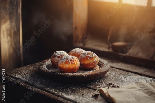 Rustic sufganiyot donuts presented on a wooden table, professionally styled for a festive scene. photo