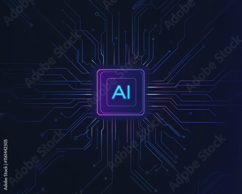 Circuit Board With a Central Processing Unit Featuring AI Text Illuminated in Bright Colors on a Dark Background