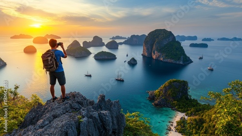 Traveler s Vantage Capturing Island Memories at Sunset from a Scenic Peak, Perfect for Travel Blogs photo