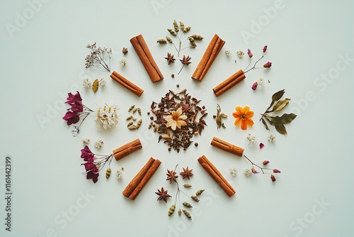 Symmetrical Plated Assortment of Spices and Herbs Cinnamon, Cardamom, Saffron, and Dried Flowers photo