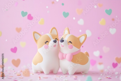 Valentines Day card 3d kawaii two corgi dogs one wearing a pink bow on a pastel pink solid color background, heart confetti
