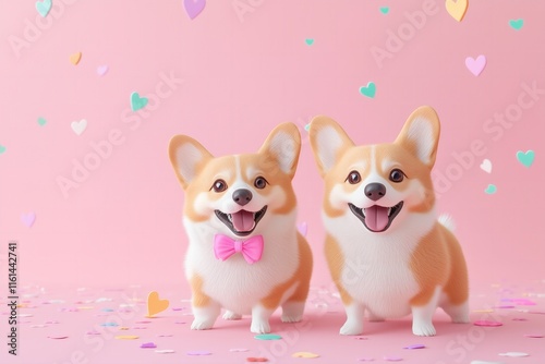 Valentines Day card 3d kawaii two corgi dogs one wearing a pink bow on a pastel pink solid color background, heart confetti