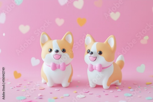 Valentines Day card 3d kawaii two corgi dogs one wearing a pink bow on a pastel pink solid color background, heart confetti