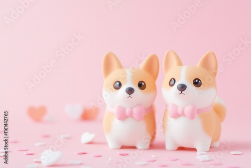 Valentines Day card 3d kawaii two corgi dogs one wearing a pink bow on a pastel pink solid color background, heart confetti