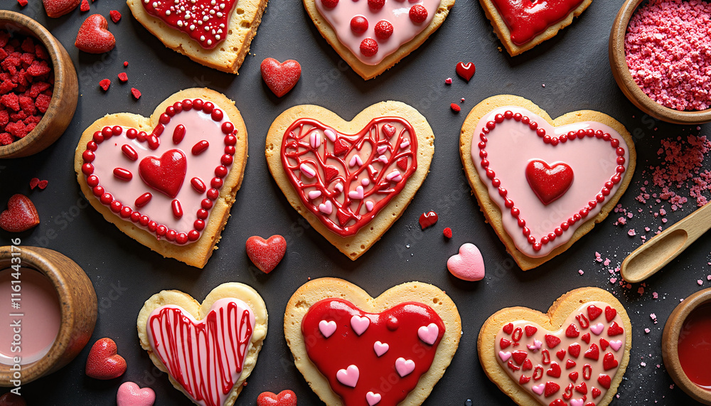 Valentine's Day cookies in heart shapes with intricate icing decorations on dark surface Valentine's Day cookies in heart shapes with intricate icing decorations on dark surface