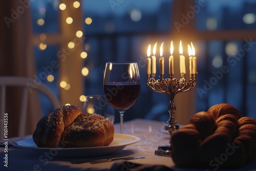 Elegant Shabbat dinner table with a menorah, challah bread, and wine for a sacred celebration. photo