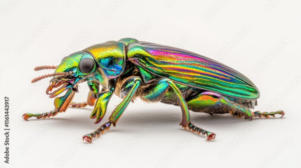 Fototapeta premium Vibrant iridescent beetle isolated on white background, showcasing intricate details and metallic colors.