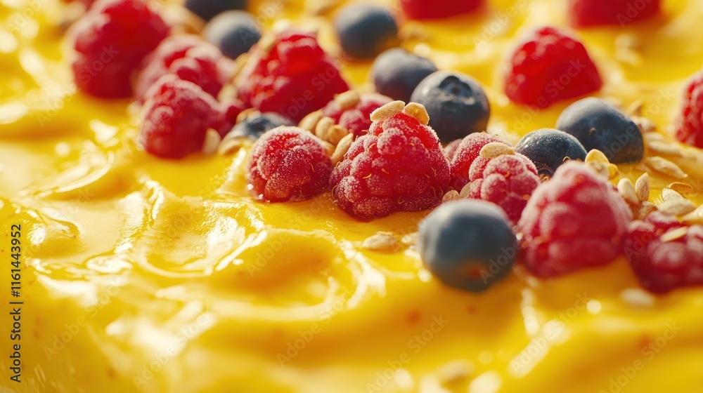 Close-up of mango dessert topped with raspberries, blueberries, and seeds. Close-up of mango dessert topped with raspberries, blueberries, and seeds.