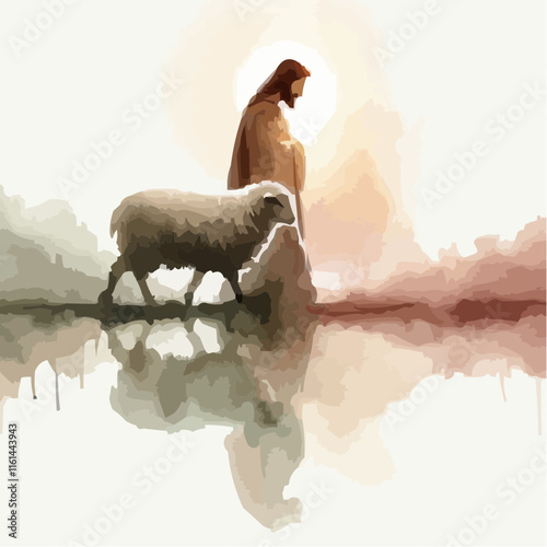 A watercolor painting of Jesus the shepherd 