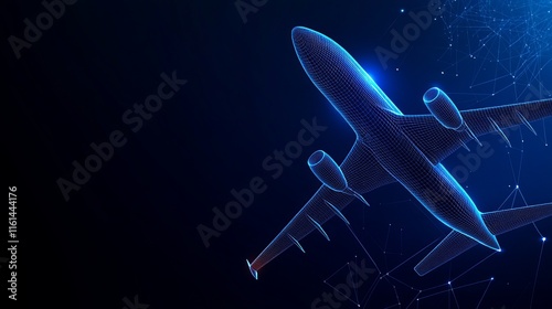 3D abstract airplane wireframe vector Airliner on blue background Low poly mesh of dots lines and glowing stars for travel concept